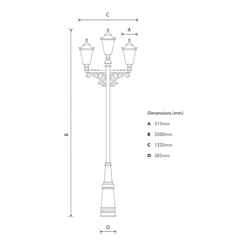 Grand lampadaire triple tête de style victorien 3,5 m (H033)