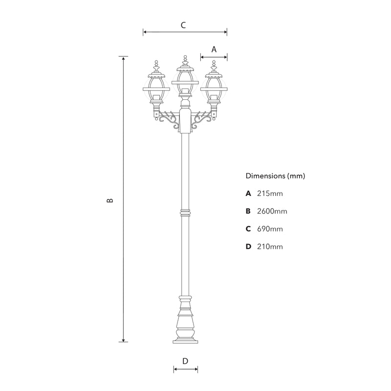 Lampadaire globe style victorien triple tête en fonte 2,6m (H237)