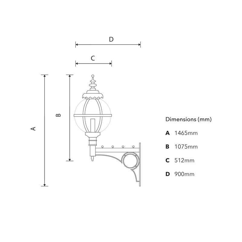Große Kugelwandleuchte im viktorianischen Stil aus Stahl mit dekorativem Arm 1,47 m (H240)