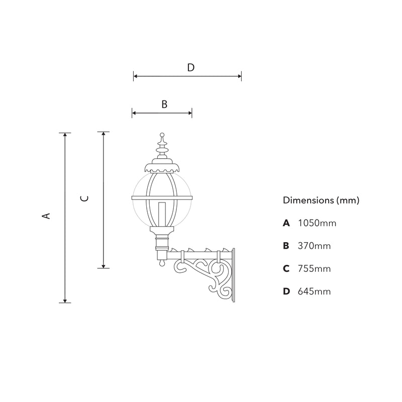 Applique globe victorienne en fonte avec bras décoratif 1,05m (H241)