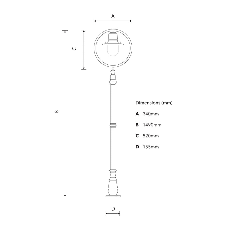 Classic railway style lamp post in cast iron and steel 1.49m (H314)