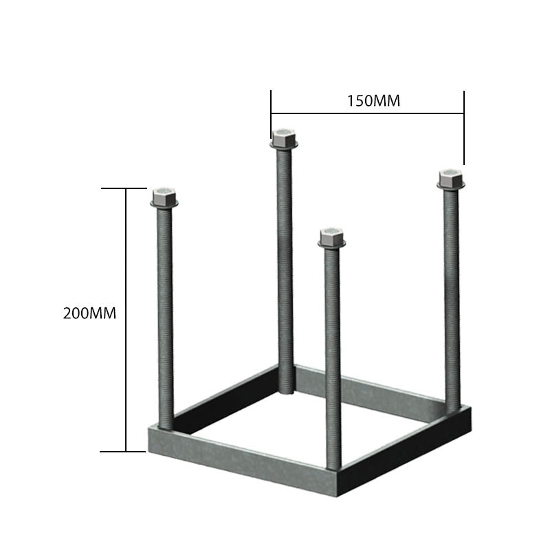 Medium foundation frame, 150mm square in galvanised steel with x4 threaded bars