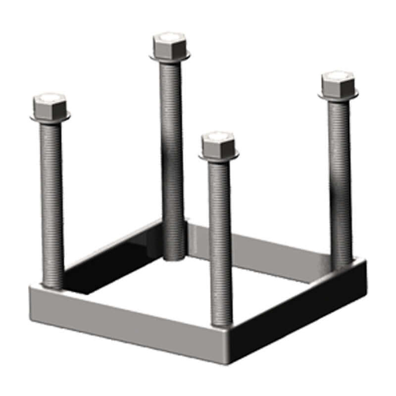 Small foundation frame, 100mm square in galvanised steel with x4 threaded bars