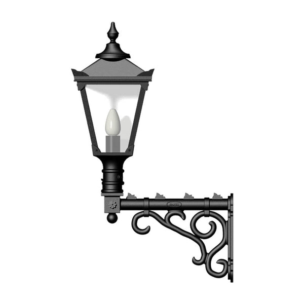 Victorian traditional cast iron wall light 0.97m in height with decorative arm.