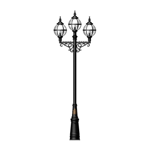 Victorian style globe lamp post triple headed in cast iron 3.6m in height