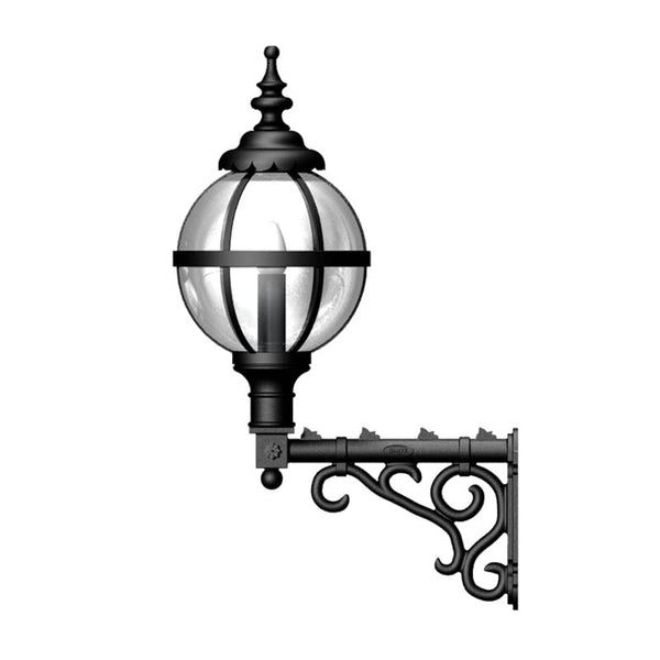 Victorian globe wall light in cast iron 1.05m in height with decorative arm.