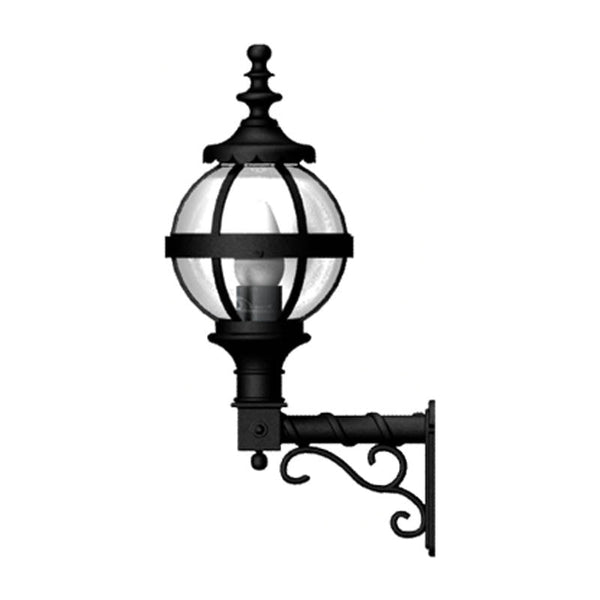 Victorian globe wall light in cast iron 0.59m in height with decorative arm.
